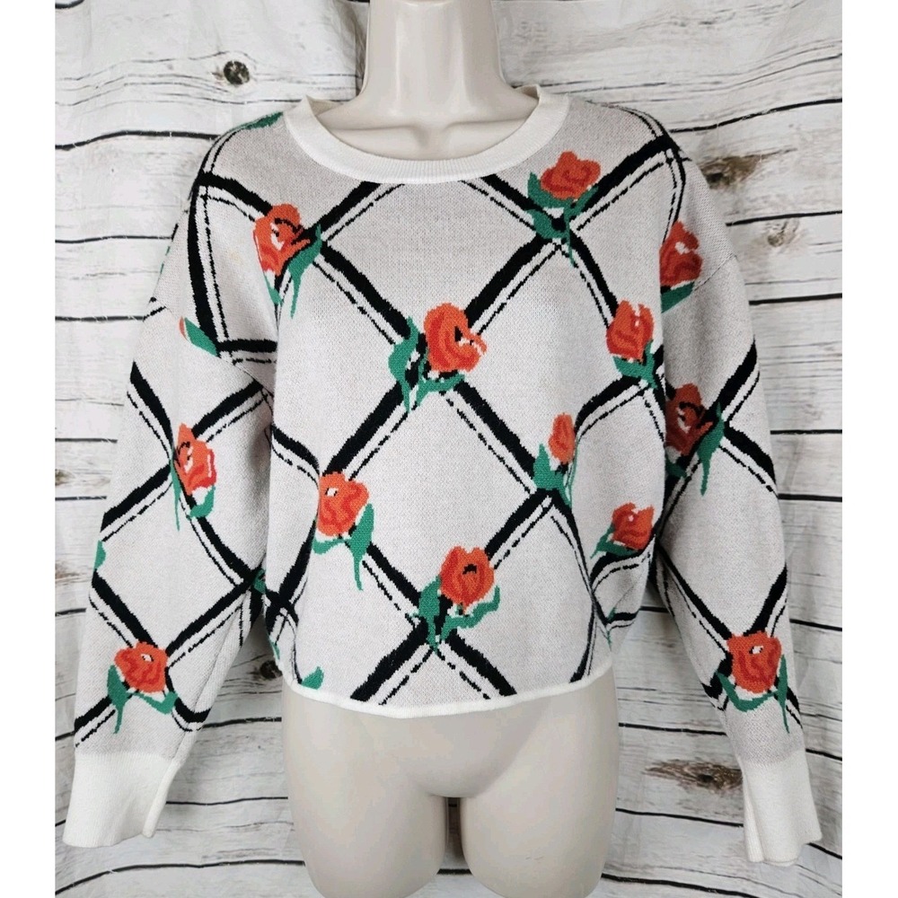 Anthropologie Maeve Camryn Trellis Rose Sweater S Cropped Pullover Floral White